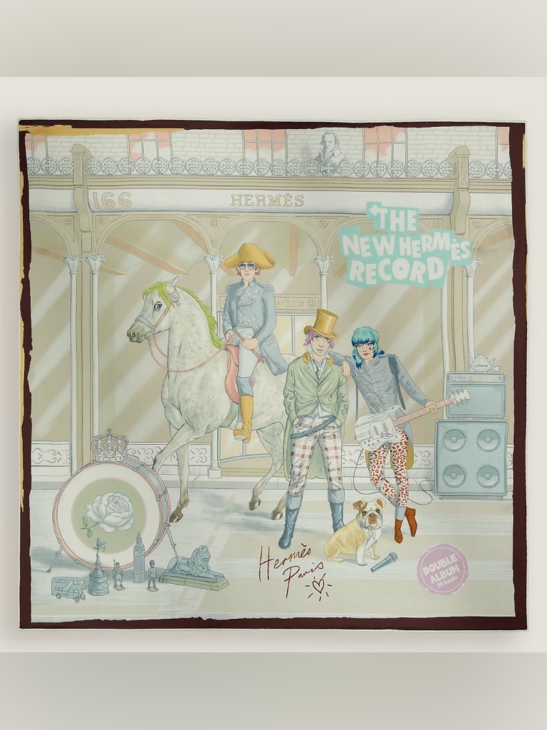 Hermes The New Herms Record Scarf 70 Silk In Cream, Brown, Mint & Blue
